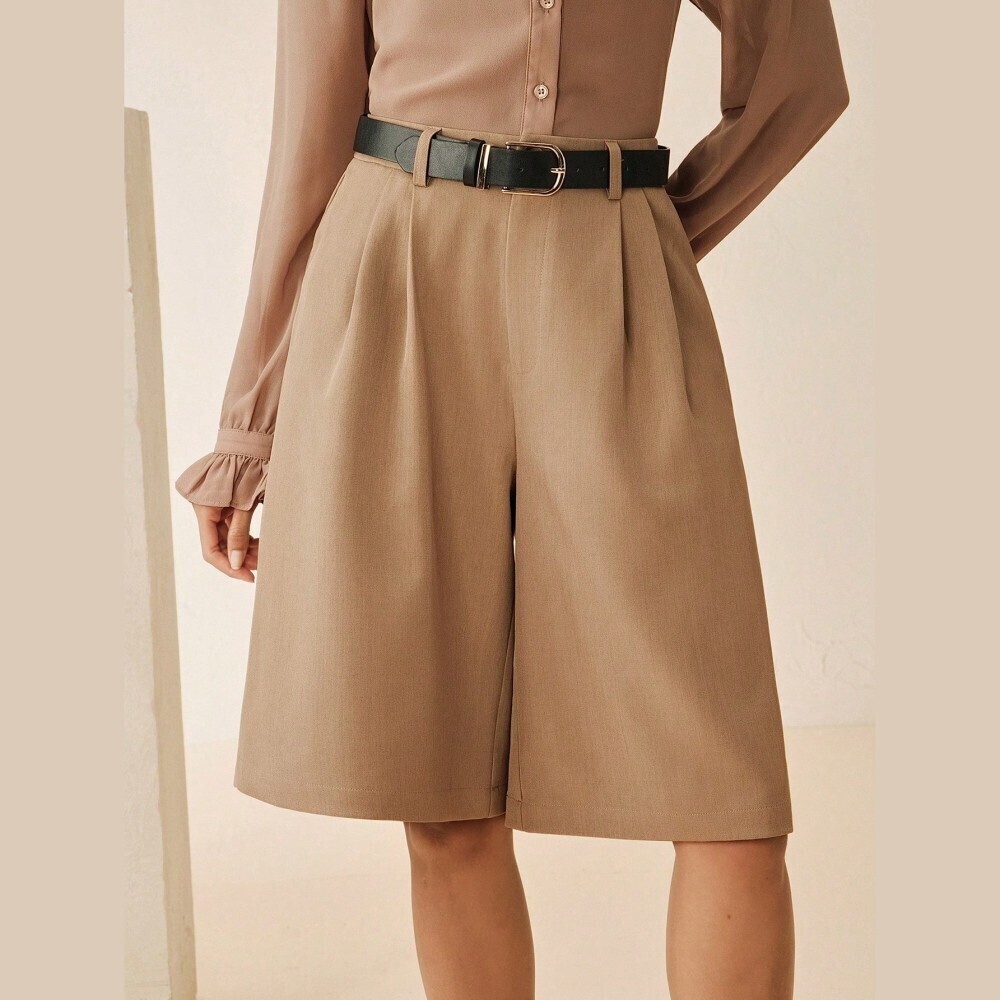 Tan Bermuda Shorts - Pleated High Waist Trouser Style